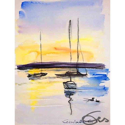 Aquarell Ammersee Herrsching Blick aufs Westufer Sonnenuntergang Wasser
