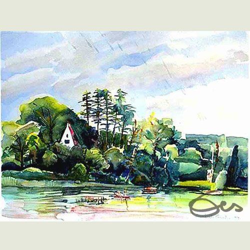 Aquarell Ammersee Utting Blick aufs Ufer Bäume Schloss Selzamschlösschen Wasser