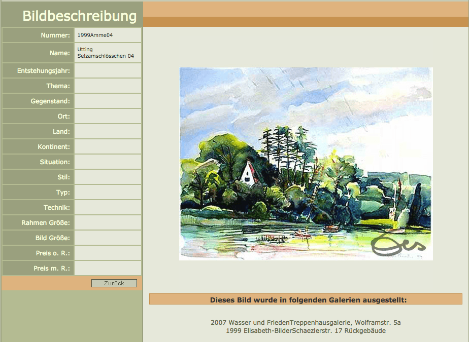 Aquarell Ammersee Utting Blick aufs Ufer Bäume Schloss Selzamschlösschen Wasser