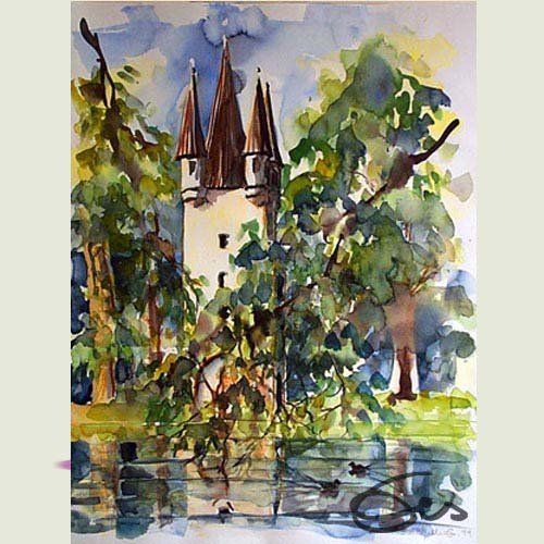 1999 Ausstellung Advent und Winter , Gärtnerei Hartmann Augsburg Stadtbergen,Fündffingerlesturm, Aquarell 