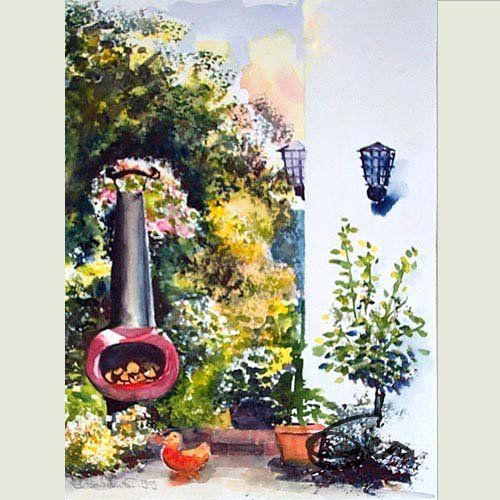 Gartenidyll , Aquarell, Kamin Blumen und Sträucher im Gegenlicht