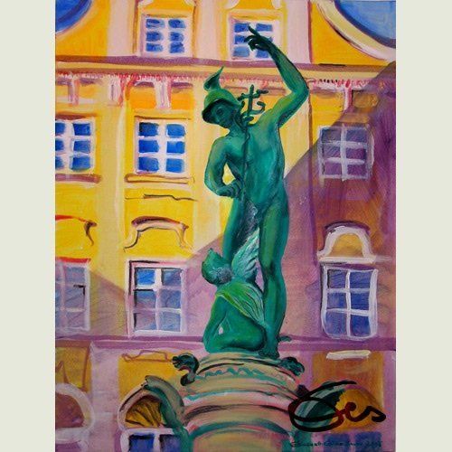 Bild, Augsburg, Acryl, Brunnen, Neptun, Gebäude, Haus, Technik , Fabrik, Industrie, Technik, Brunnen, Moritzplatz, Merkur, Elisabeth Ernicke-Goßner