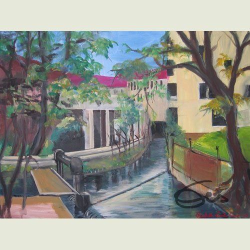 Bild, Augsburg, Acryl, Wasser, Kreuzung, Kanal, Haus, Technik , Fabrik, Industrie, Technik,Kanal, Wasser, Collage, Elisabeth Ernicke-Goßner