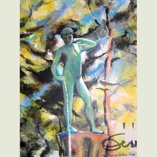 Bild, Augsburg, Acryl, Brunnen, Neptun, Gebäude, Haus, Technik , Fabrik, Industrie, Technik, Brunnen, Schießgraben, Kefter, Elisabeth Ernicke-Goßner