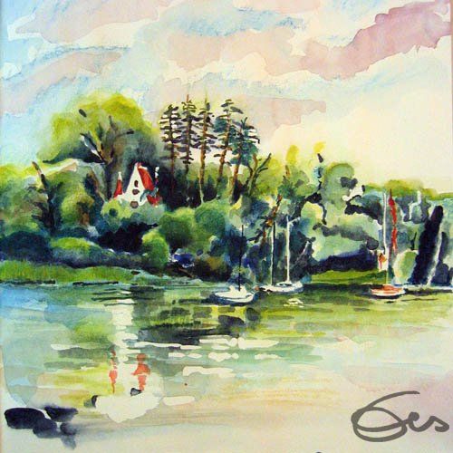 Aquarell Ammersee Selzam Schloss Ufer Wasserspiegelung