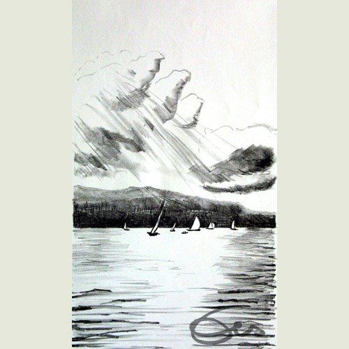 Lithographie Ammersee im Abendlicht
Hochformat 