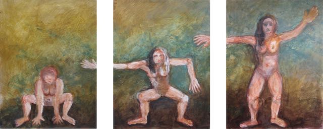 Gemälde, Triptychon, Höhlenfrau, Metamorphose, Acryl auf Leinwand, Bild, moderne Kunst, contemporary Art, Elisergo, Elisabeth Ernicke-Goßner