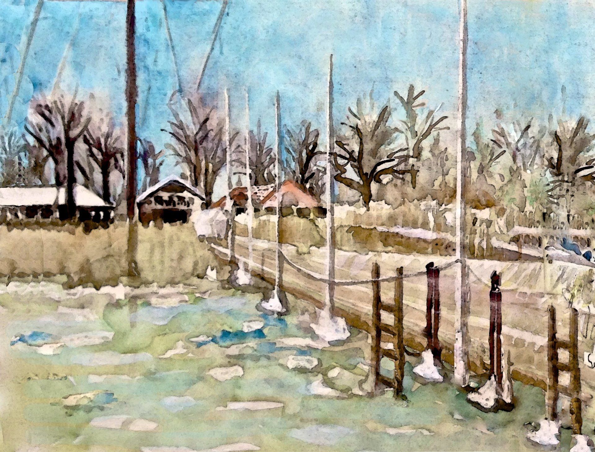 Steg mit Eis, Winter, Eisgang, Ammersee, Aquarell