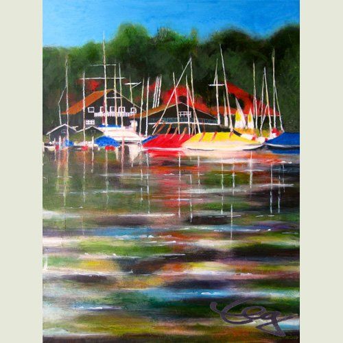 Bild, Wasser, Landschaft, Augsburger Seglerclub, ASC, Acryl, Leinwand, Ernicke-Goßner, Elisabeth, Schiffe, Sonne,