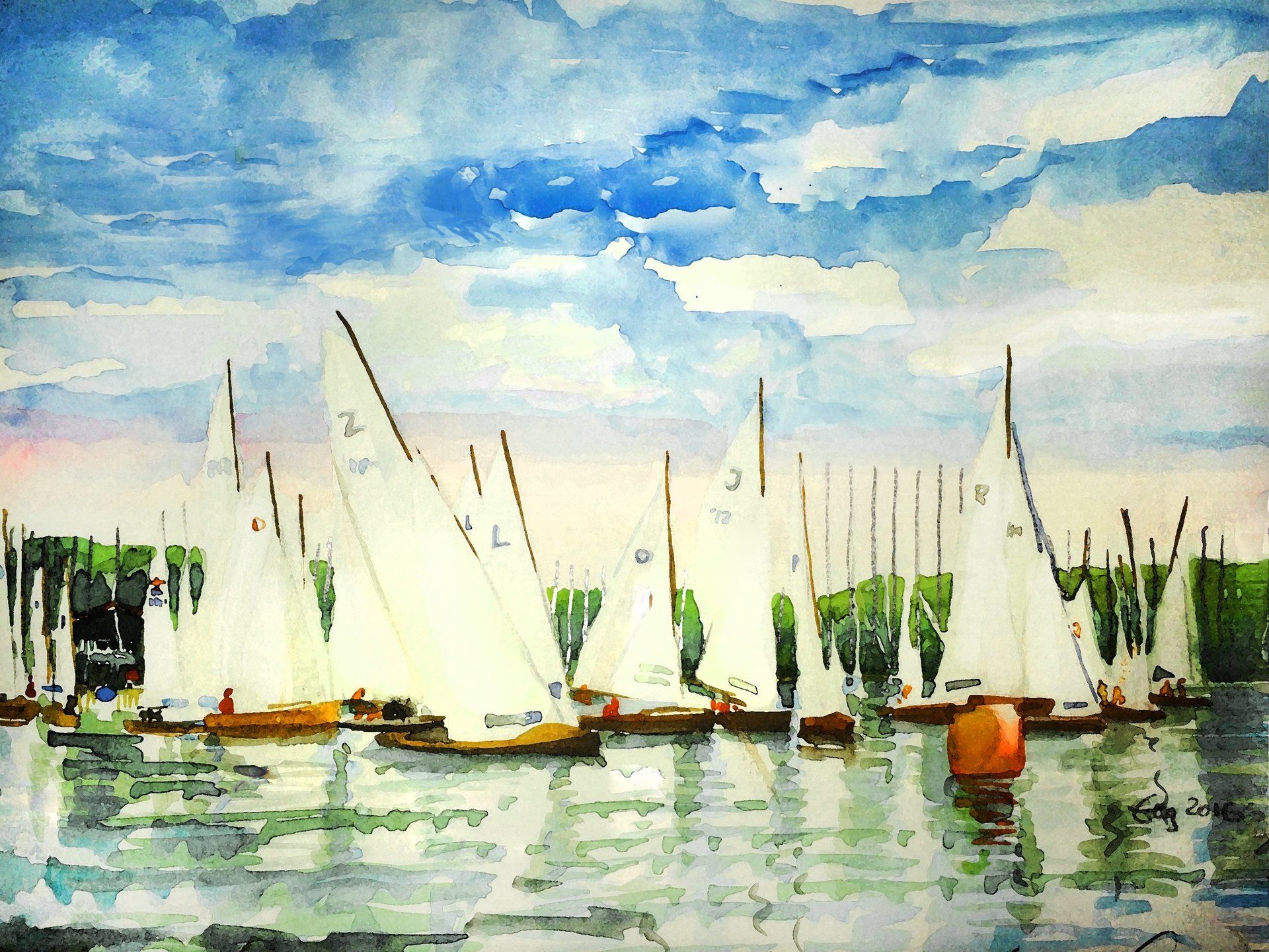 Bild, Wasser, Landschaft, Segeln, Ammersee, Acryl, Leinwand, Ernicke-Goßner, Elisabeth, Schiffe, Sonne,