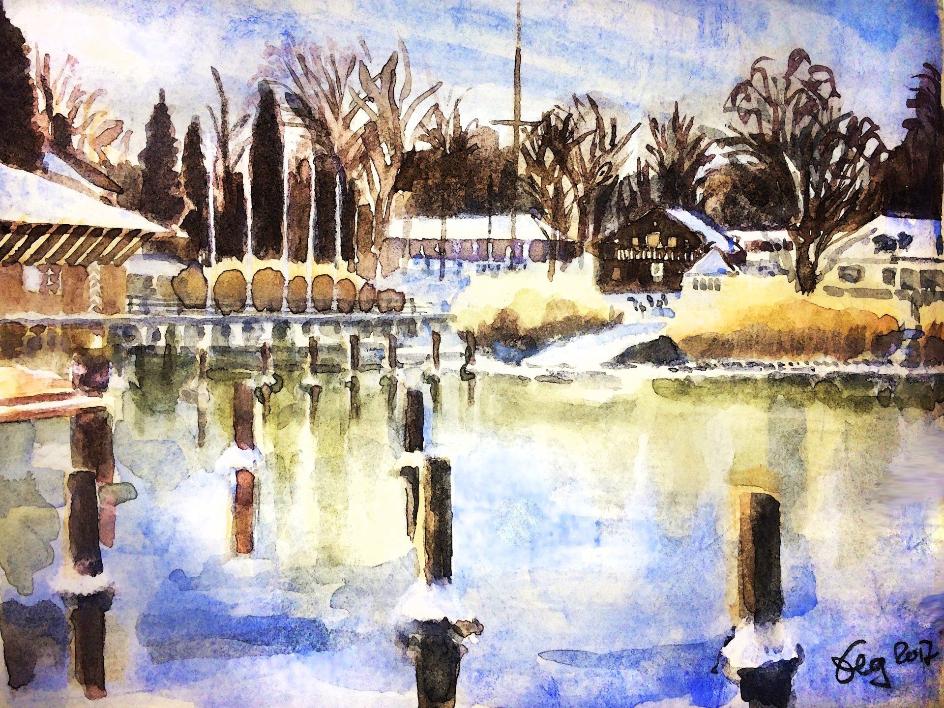 Verschneiter Hafen, Aquarell, Winterbild