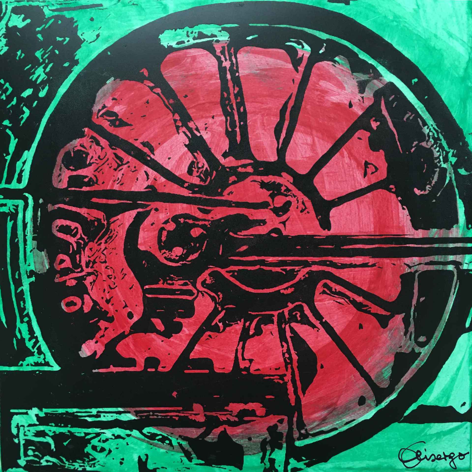 Bild, Gemälde, Siebdruck, Augsburg, Industrie, Zahnrad, Uhrwerk, Wasser, Figur, Hamster, Elisabeth Ernicke-Goßner, Elisergo