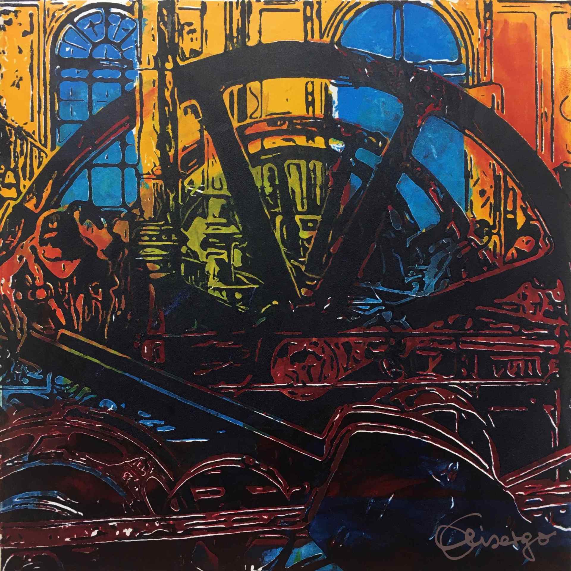 Bild, Gemälde, Siebdruck, Augsburg, Industrie, Zahnrad, Uhrwerk, Wasser, Figur, Hamster, Elisabeth Ernicke-Goßner, Elisergo