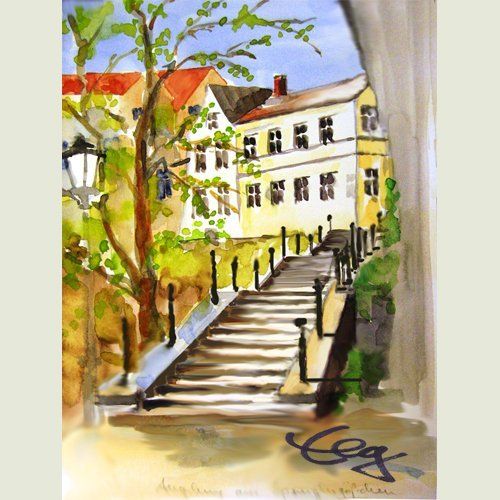 Bild, Augsburg, Acryl, Gebäude, Haus, Liliom, Treppe, Elisabeth Ernicke-Goßner
