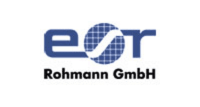A blue and white logo for rohmann gmbh