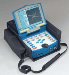 A blue and white device is in a black case