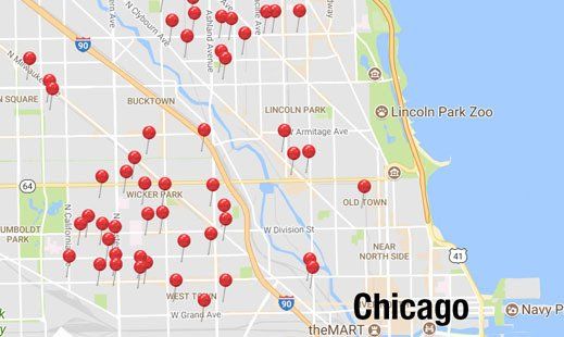 Map of WickRight parapet vents installed on leaking brick and split face block walls in Chicago