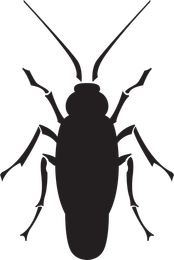 A black and white silhouette of a cockroach on a white background.
