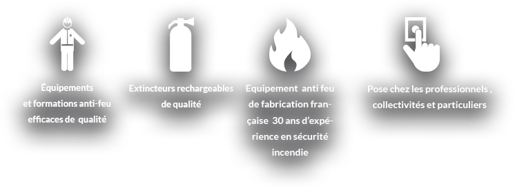 Un extincteur, un feu, un homme et une main sont représentés sur un fond blanc.