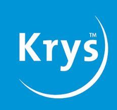 Un logo bleu et blanc pour krys sur fond bleu.