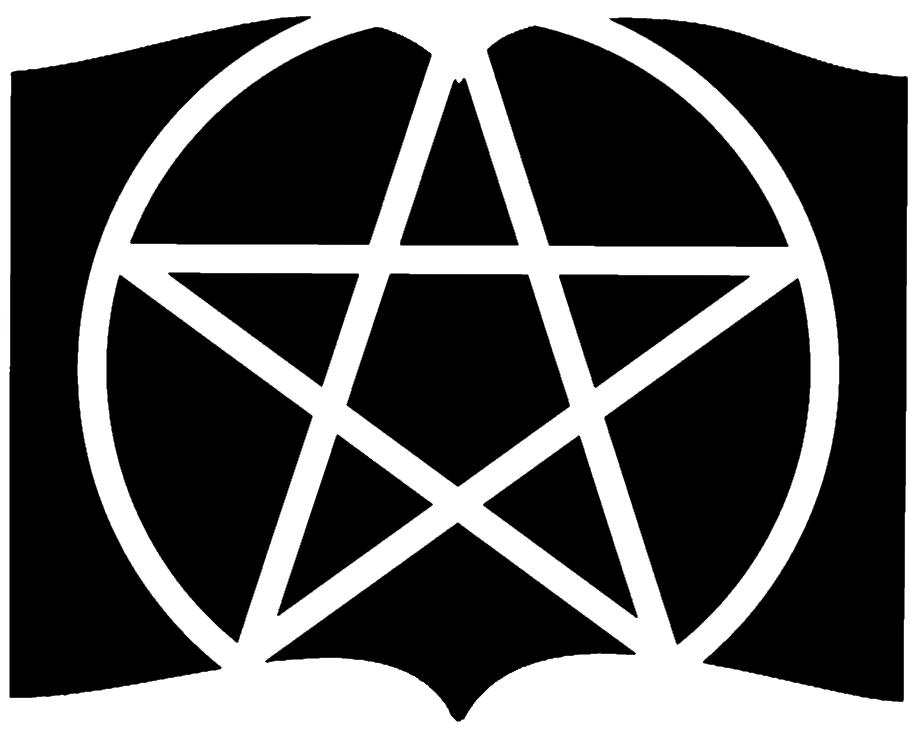 A black and white drawing of a pentagram in a circle, Wicca Press logo.