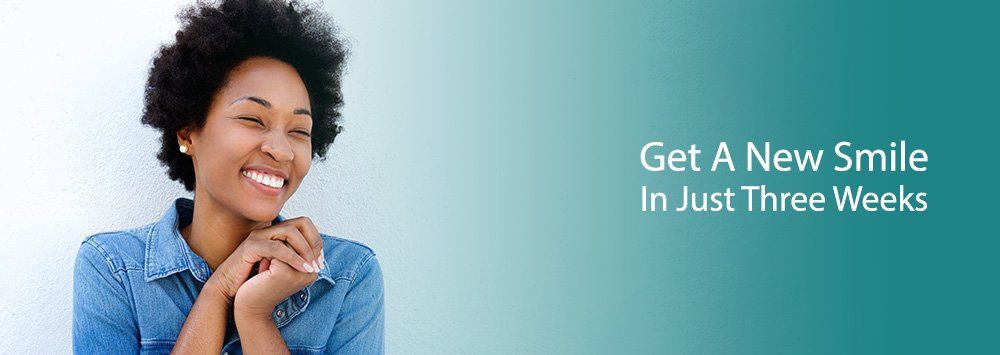 Get A New Smile In Just Three Weeks Blog Header - Middle age woman smiling while holding hands