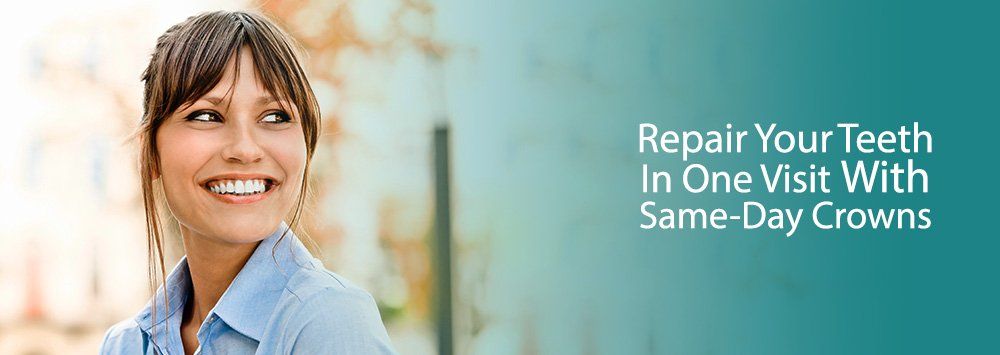 repair your teeth in one visit with same-day crowns, Cheerful woman looking to the side