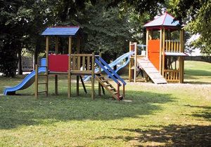 un prato con un parco giochi per bambini