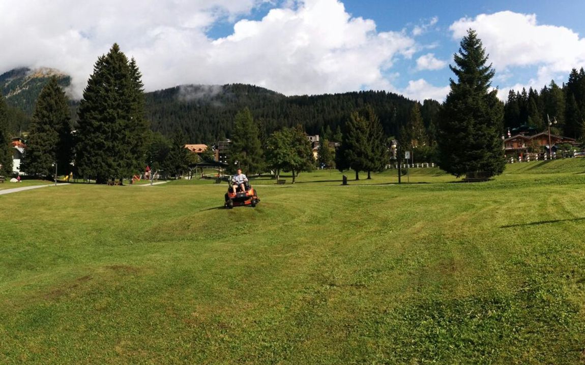 Un uomo che taglia l'erba di un giardino