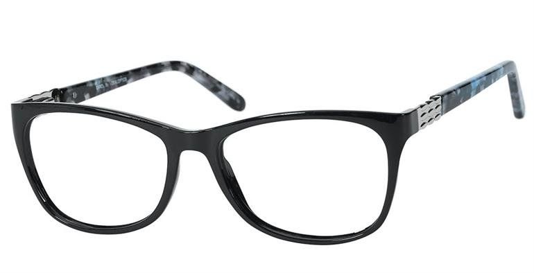 Carol - Oval shaped black glasses frame with black, blue, and white temples
