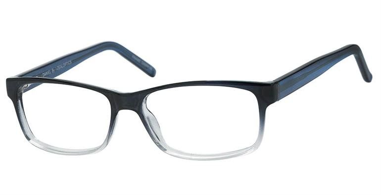 Daniel- Black rimmed glasses frame faded into clear underneath the lenses, and dark blue temples