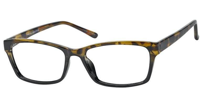 Missy- Dark black glasses frame with yellow accents.