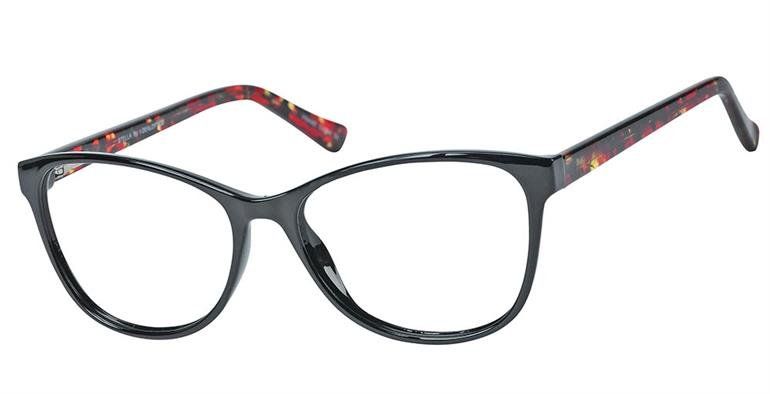Stella- - Black rimmed glasses frames with splashes of red and yellow on temples