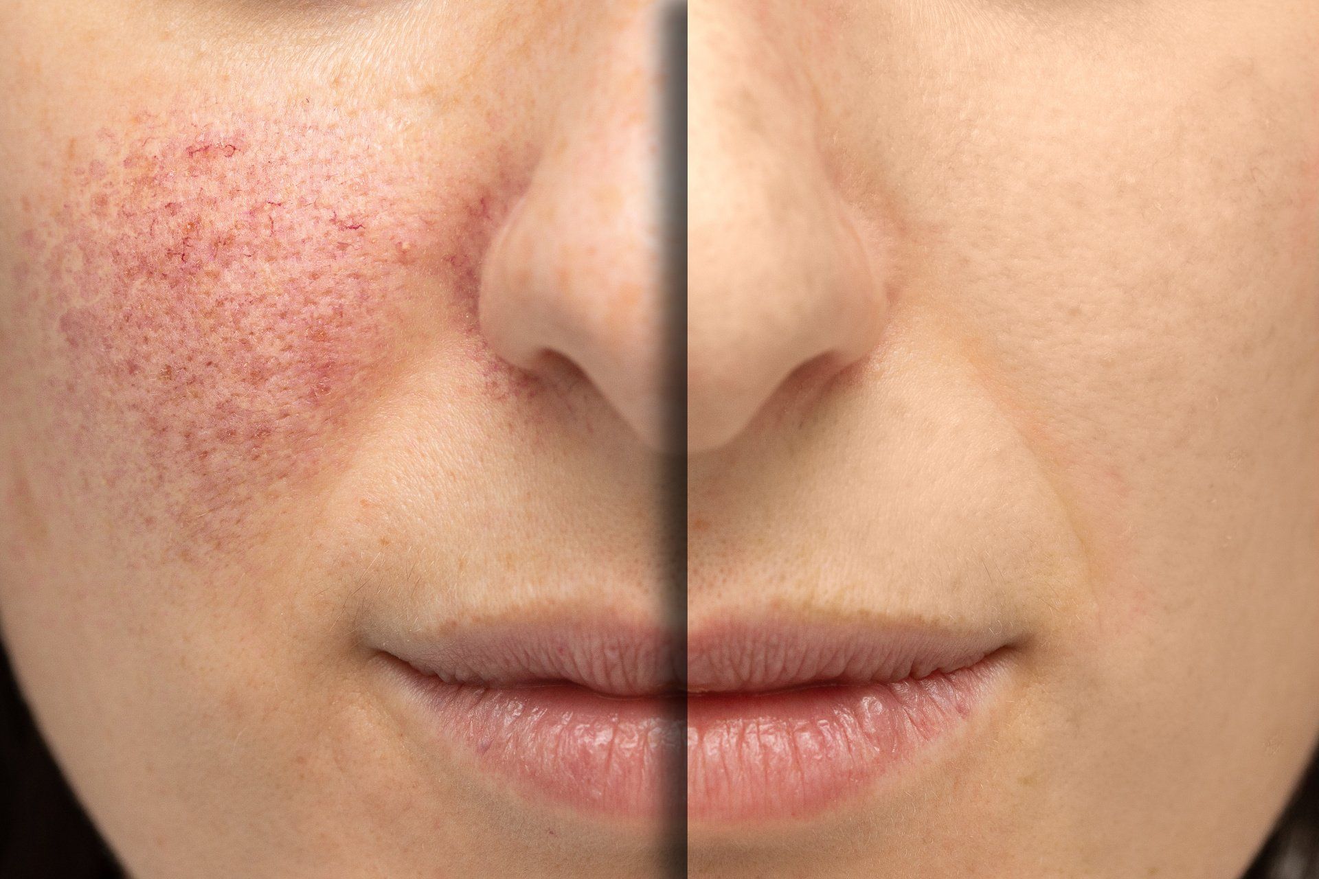 Close-up of a face split between acne-prone skin and smooth, clear skin.