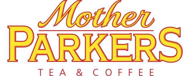 The logo for mother parkers tea and coffee is yellow and red.