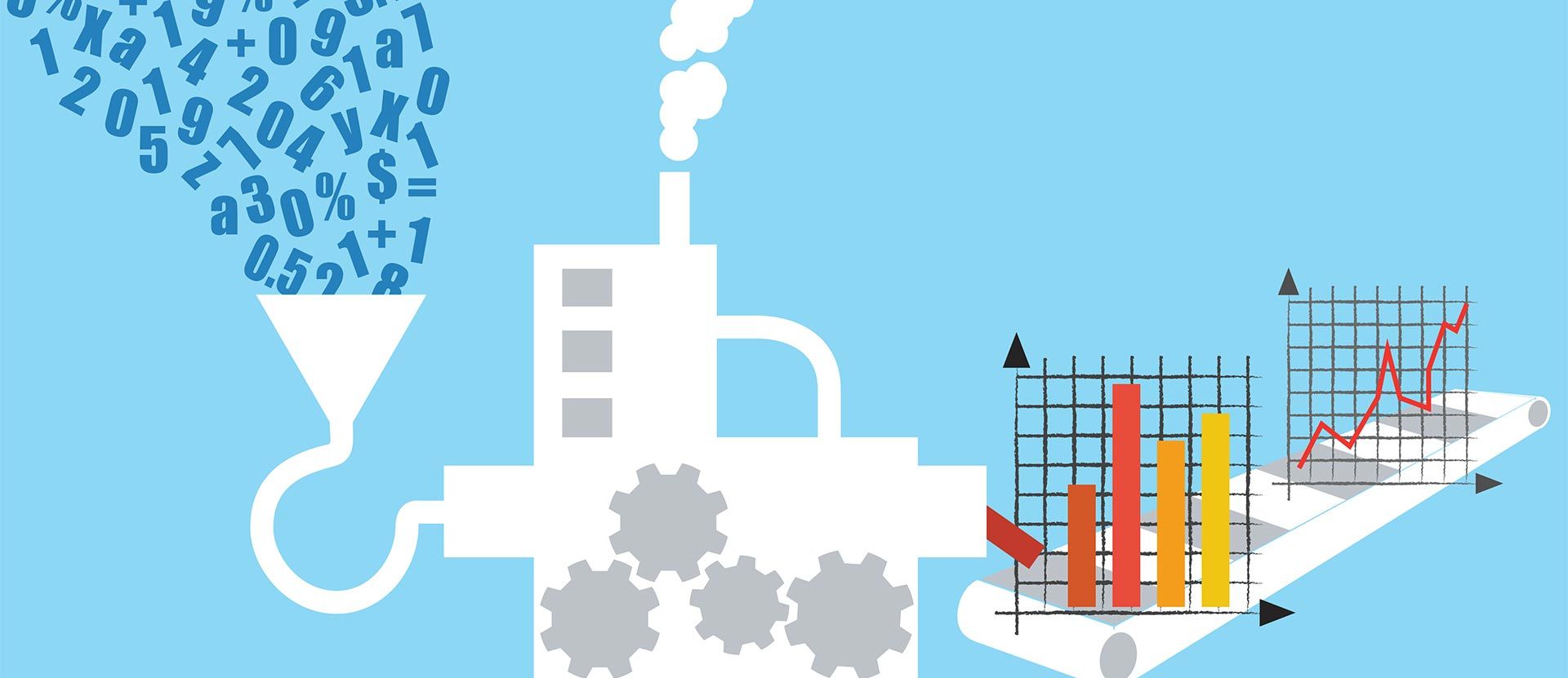 An illustrated machine taking in raw data and producing insightful reports by Mawazo Marketing