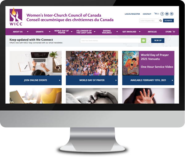 A computer screen shows a website for the women 's inter-church council of canada