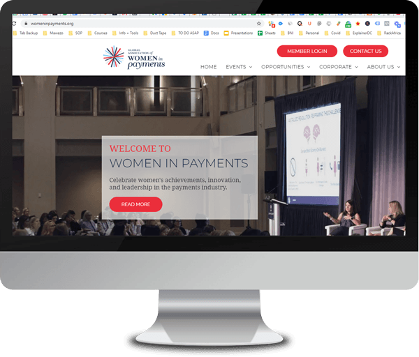 A computer screen displays a website for women in payments