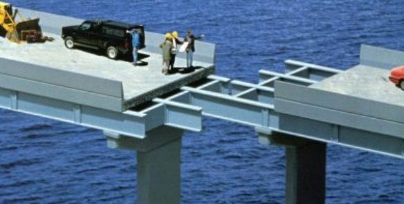 A model of a bridge over a body of water
