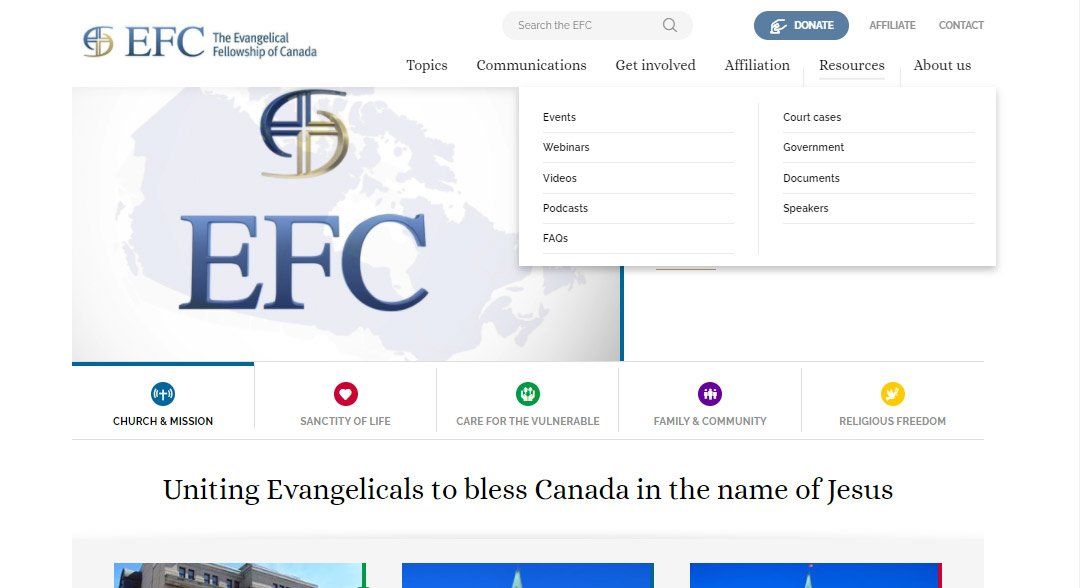 Main menu for the EFC website as an example of content structure design