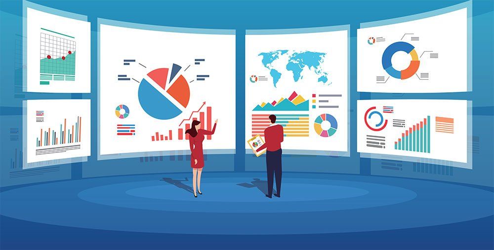 Business people reviewing various data reports available after digital transformation