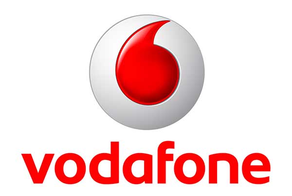 A red and white vodafone logo on a white background