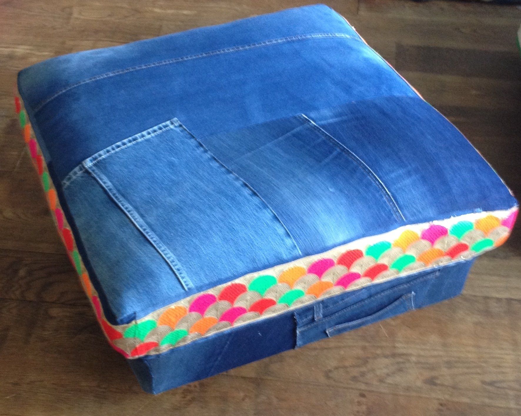 DENIM POUFFE WITH RAJASTANI TRIM.
