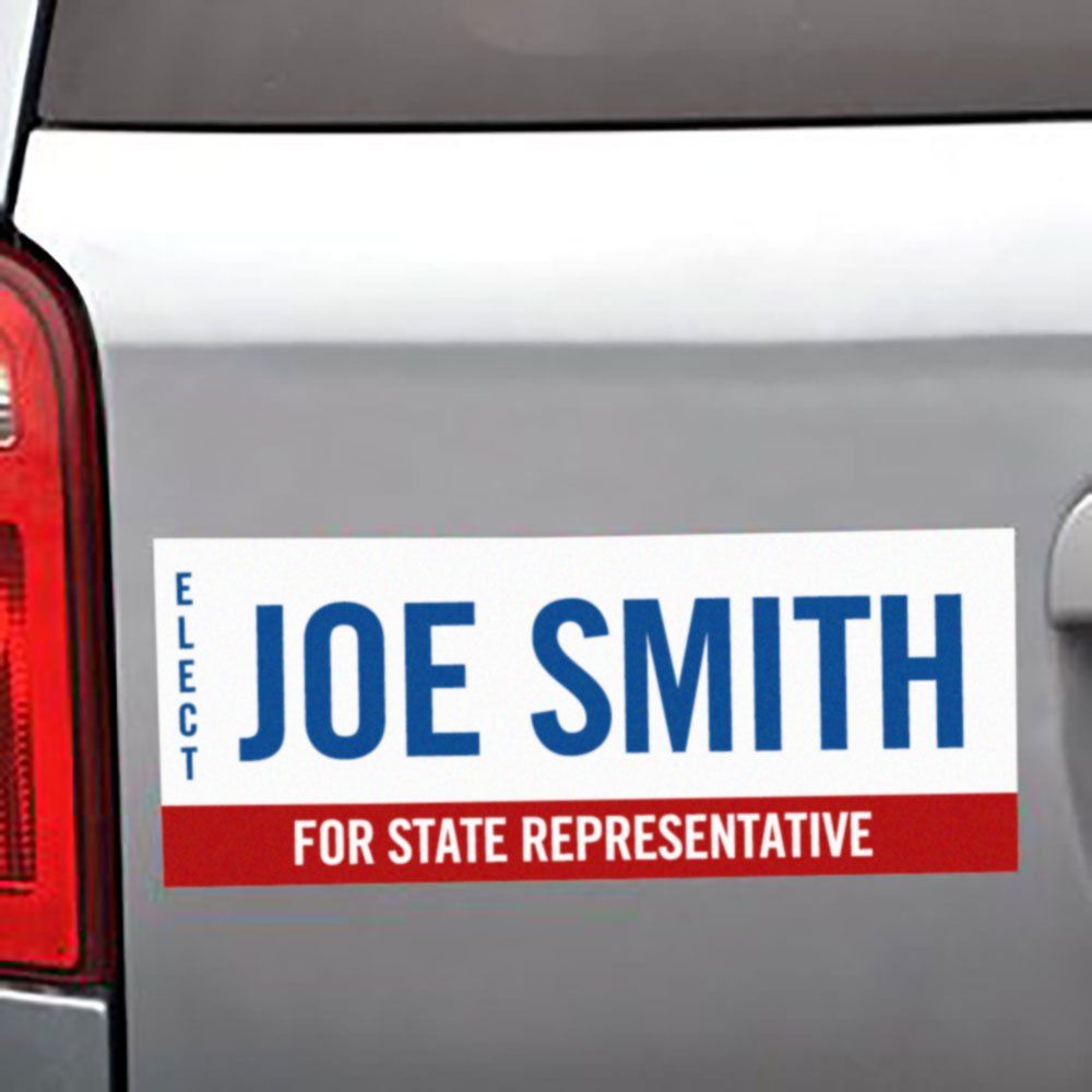 Political campaign bumper sticker on a silver vehicle reading “JOE SMITH” and “FOR STATE REPRESENTATIVE”