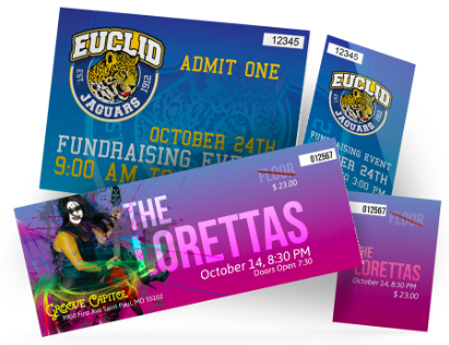 Assorted Euclid event tickets in blue, purple and pink, including 