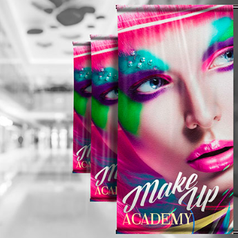 Colorful makeup academy brochures with a stylized face and pink, teal, and purple accents