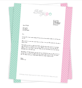 Handwritten baby shower invitation on white paper with teal and pink polka-dot borders and “Baby” at top