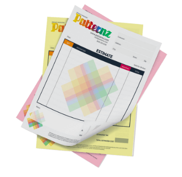Stack of Patternz estimate sheets with colorful pastel pattern swatches on top.