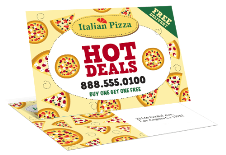Italian pizza deal flyer with “HOT DEALS,” phone number, and “buy one get one free” text on a yellow background