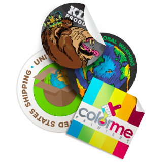 Overlapping circular and square recycling-themed labels with colorful graphics and text